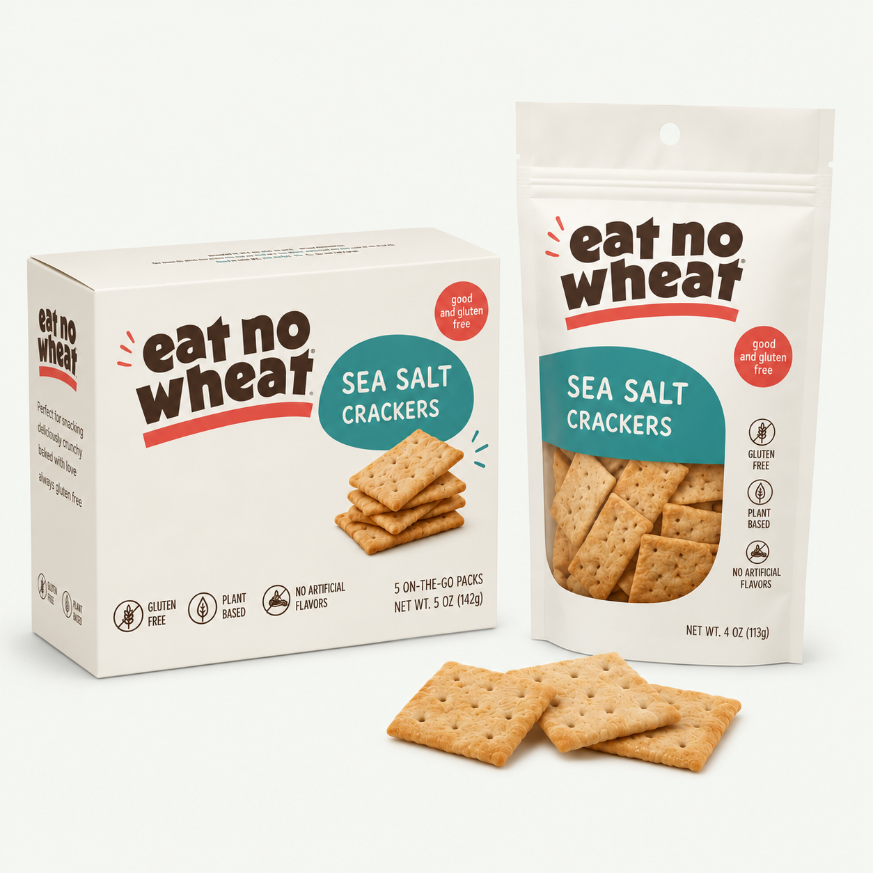 Eat No Wheat sea salt cracker box and pouch packaging design