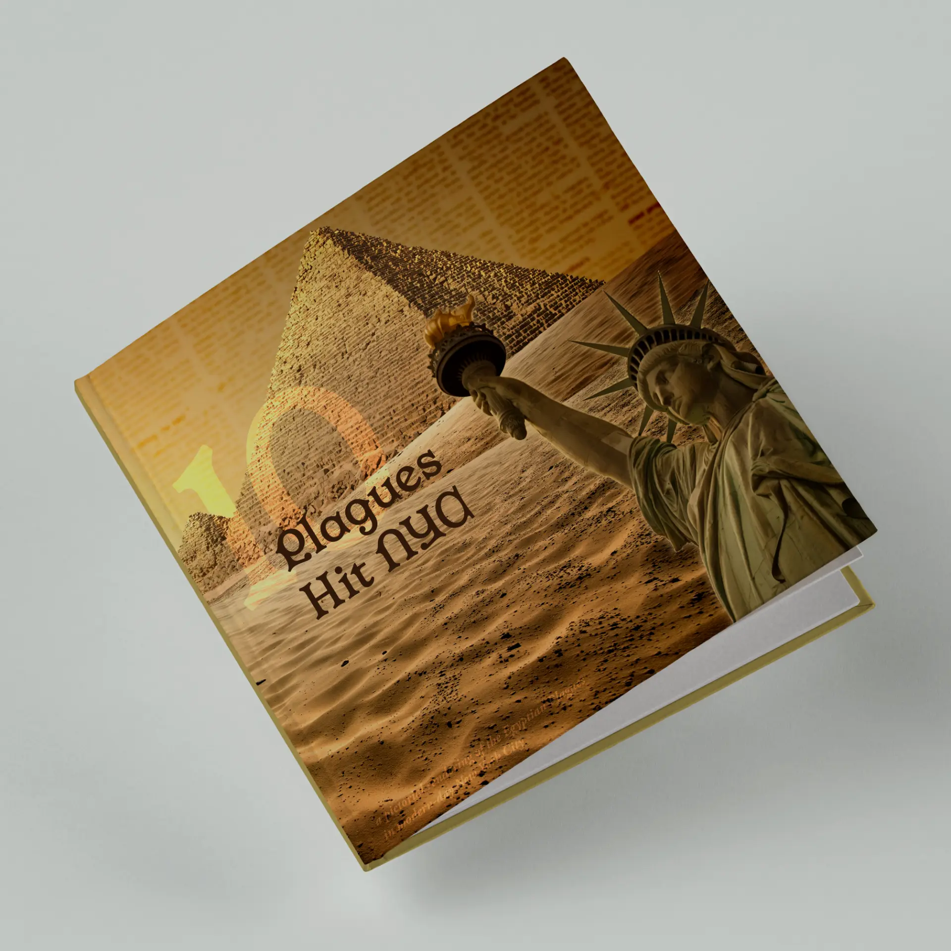 Plagues Hit NYC picture book cover with pyramid, desert and Statue of Liberty