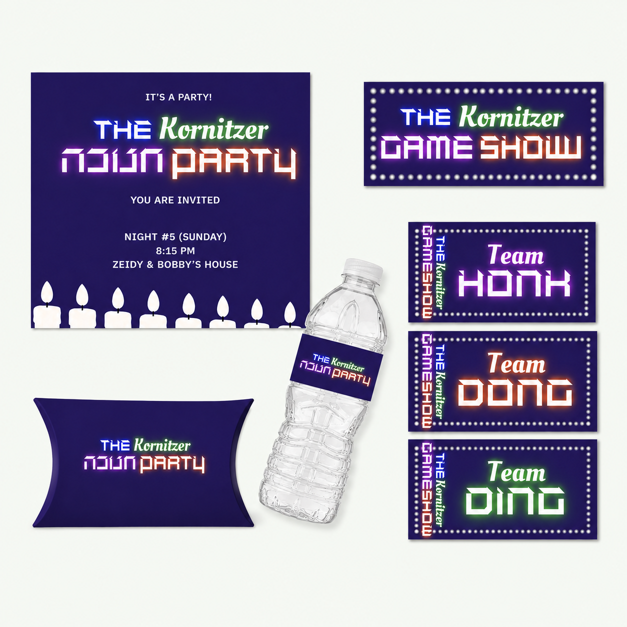 Neon gameshow themed party suite with invitation, signs and bottle labels