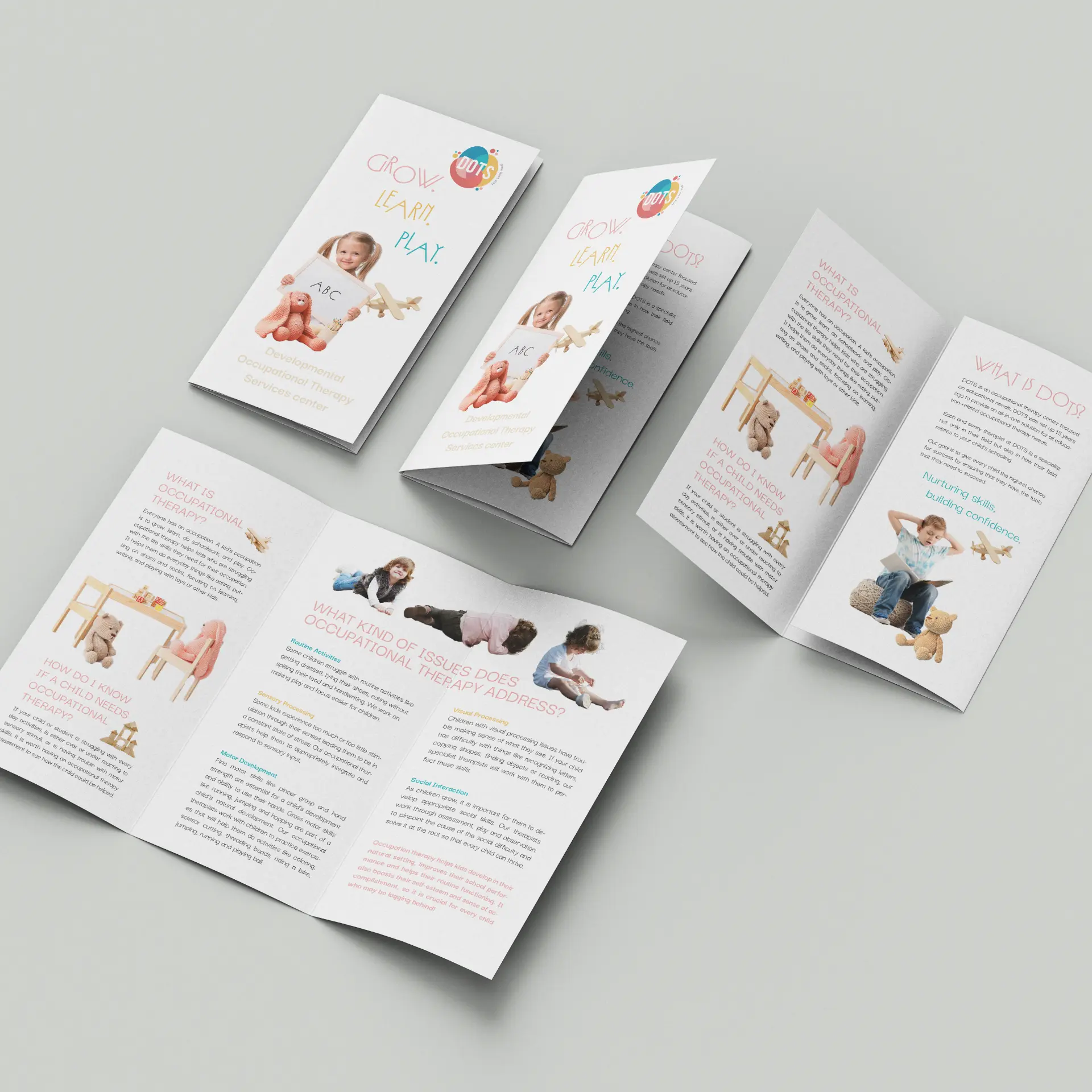 DOTS occupational therapy center trifold brochure shown open and folded
