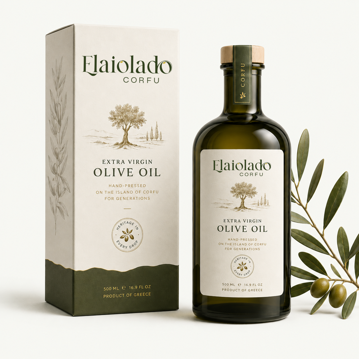 Elaiolado Corfu extra virgin olive oil bottle and box packaging design