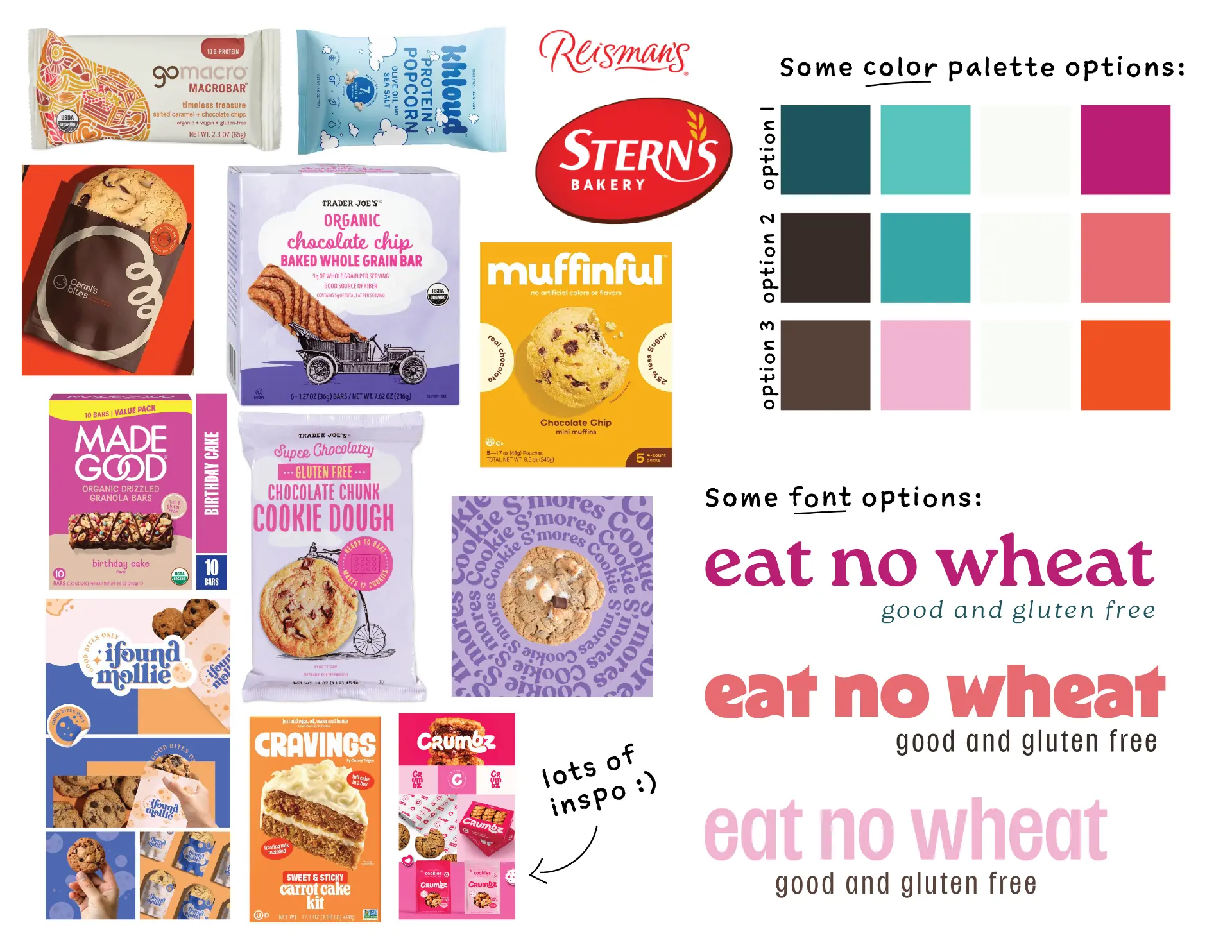 Mood board of packaged food products and brand logos alongside three color palette options and three font options for the Eat No Wheat name