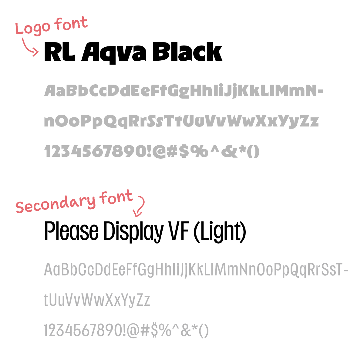 Type specimen showing the logo font RL Aqva Black and the secondary font Please Display VF Light with their alphabets and numerals